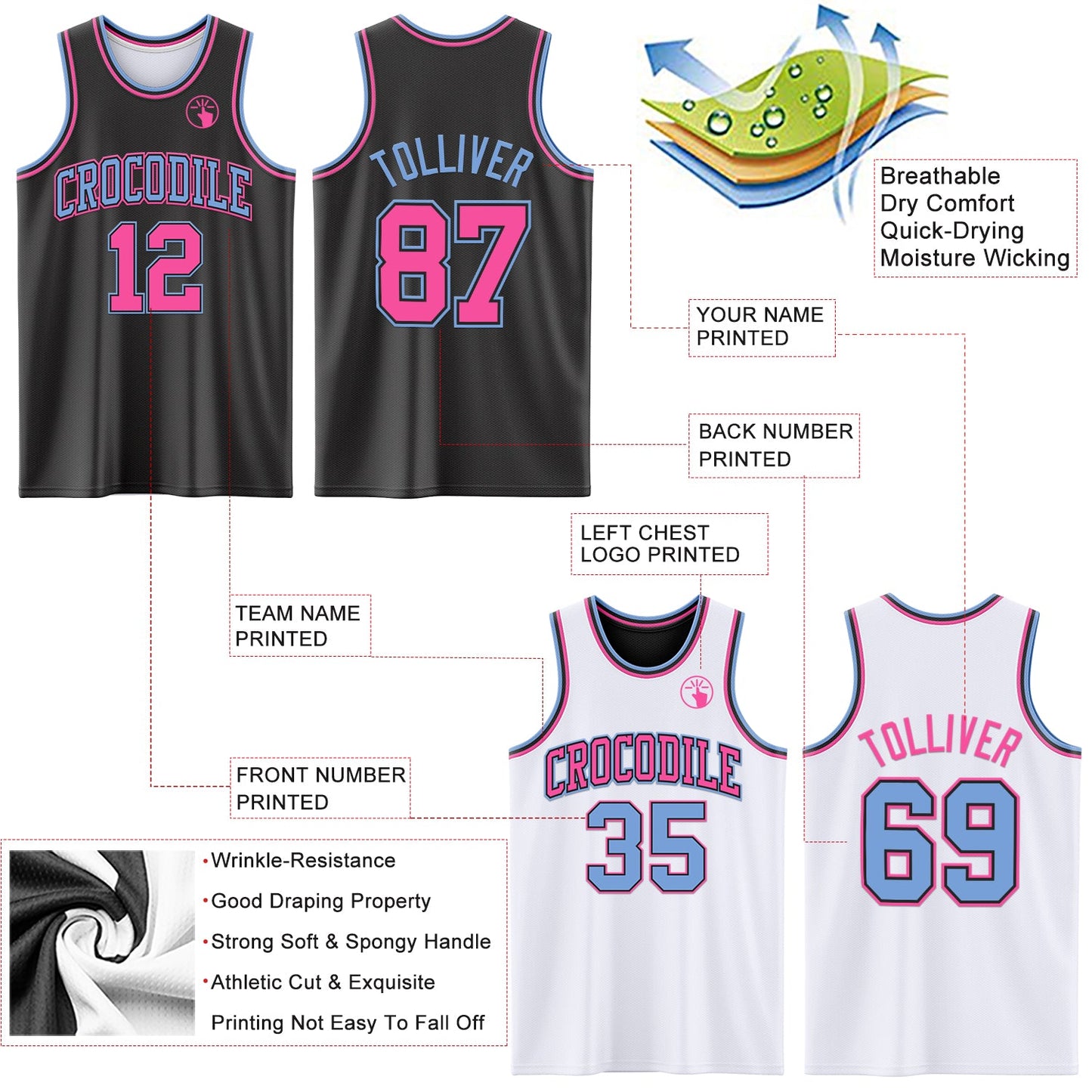 Custom Reversible Black Pink-Light Blue Double Side Sublimation Basketball Set Jersey view 5