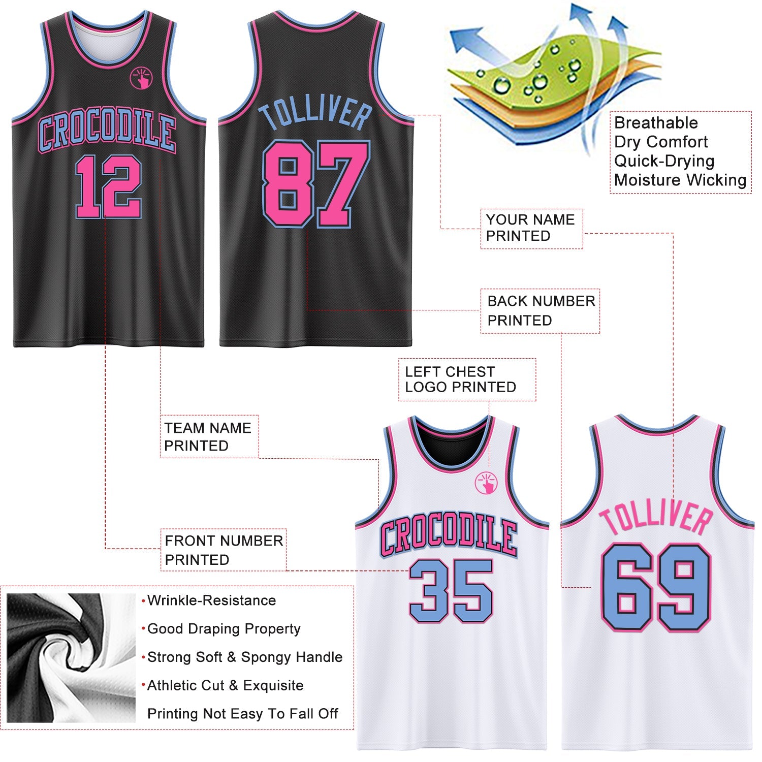 Custom Reversible Black Pink-Light Blue Double Side Sublimation Basketball Set Jersey view 5
