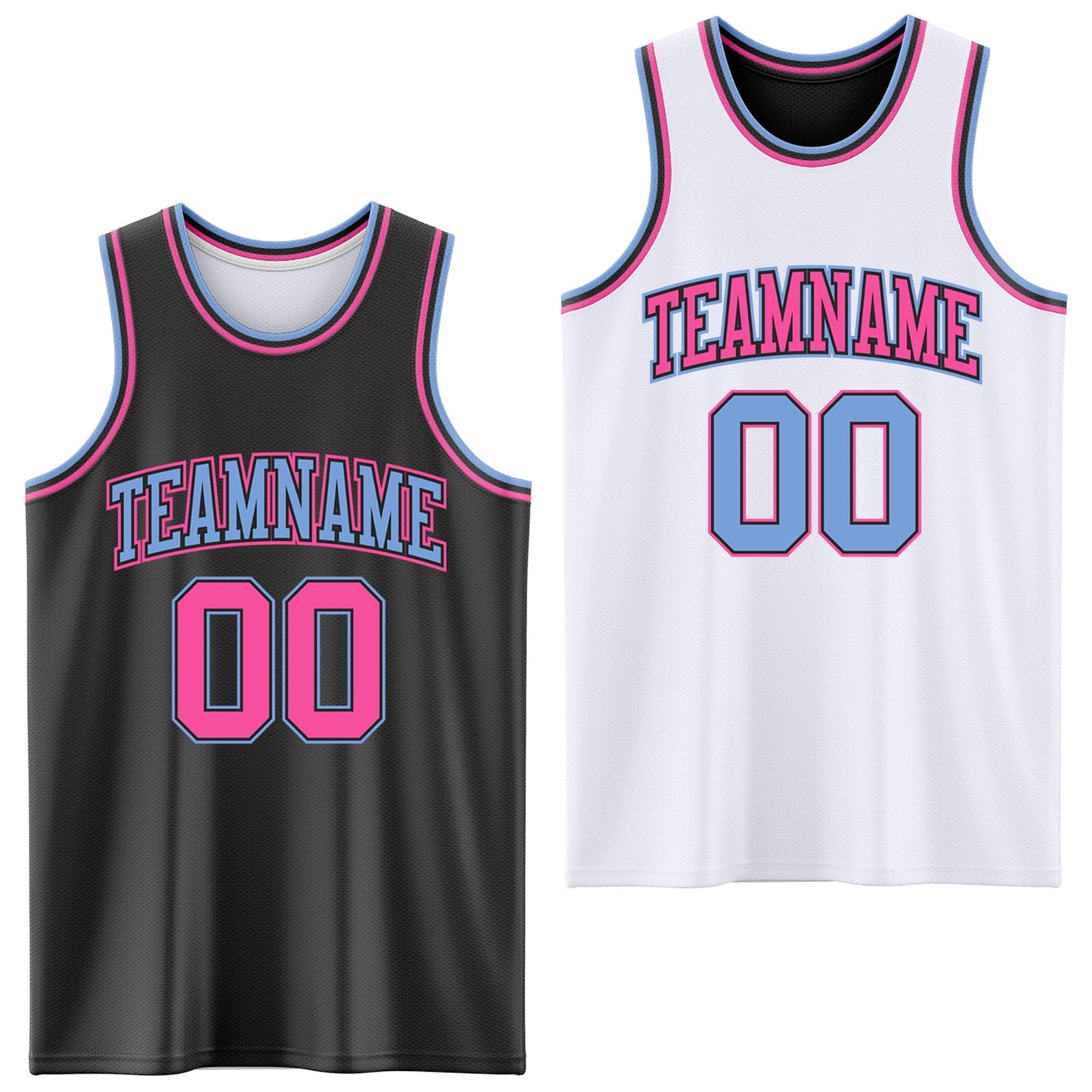 Custom Reversible Black Pink-Light Blue Double Side Sublimation Basketball Set Jersey - Main View