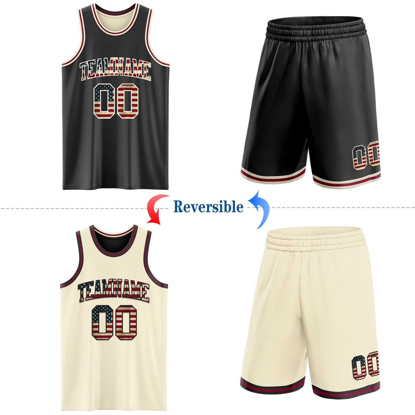 Custom Reversible Black Vintage USA Flag Cream-Maroon Double Side Sublimation Basketball Set Jersey view 2