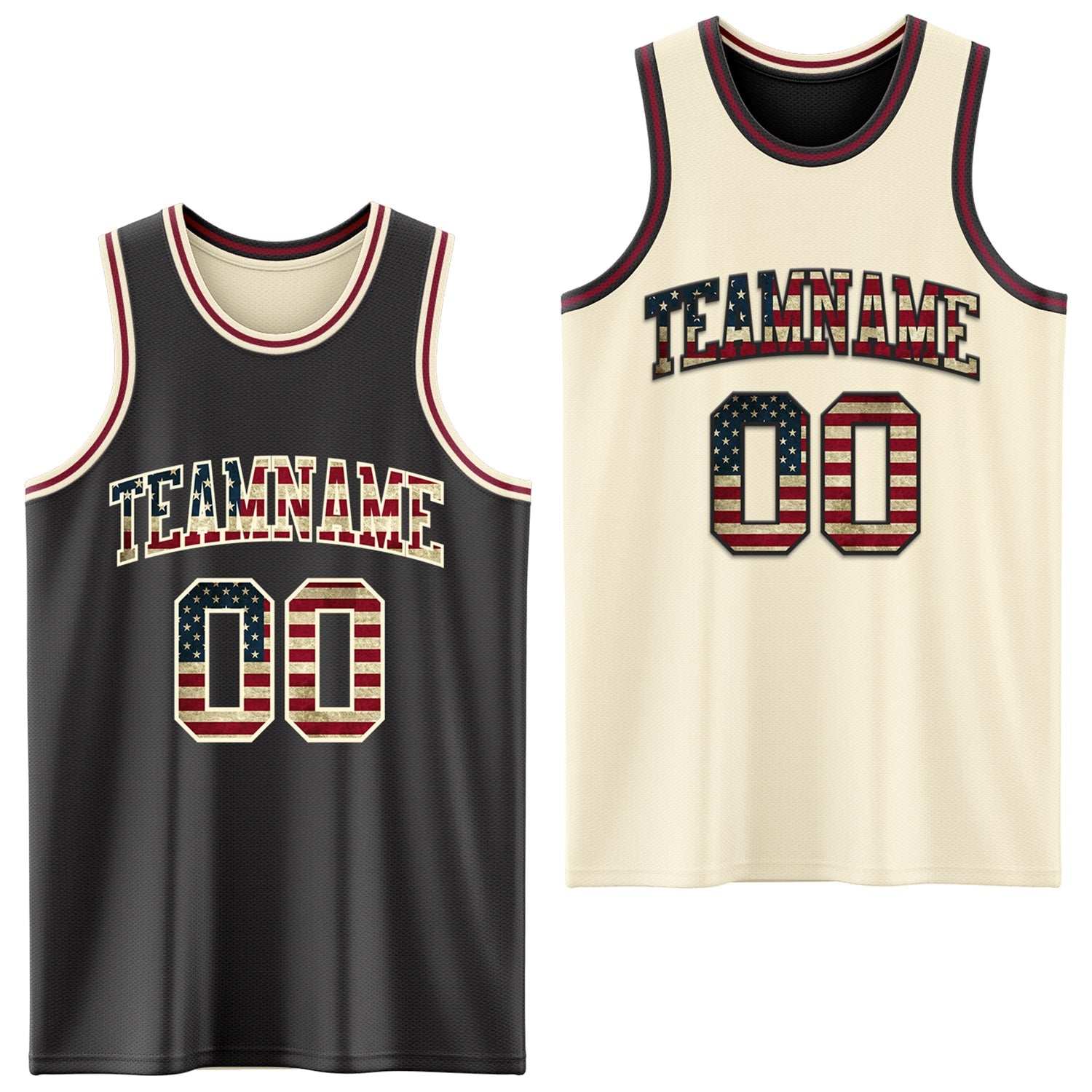 Custom Reversible Black Vintage USA Flag Cream-Maroon Double Side Sublimation Basketball Set Jersey - Main View