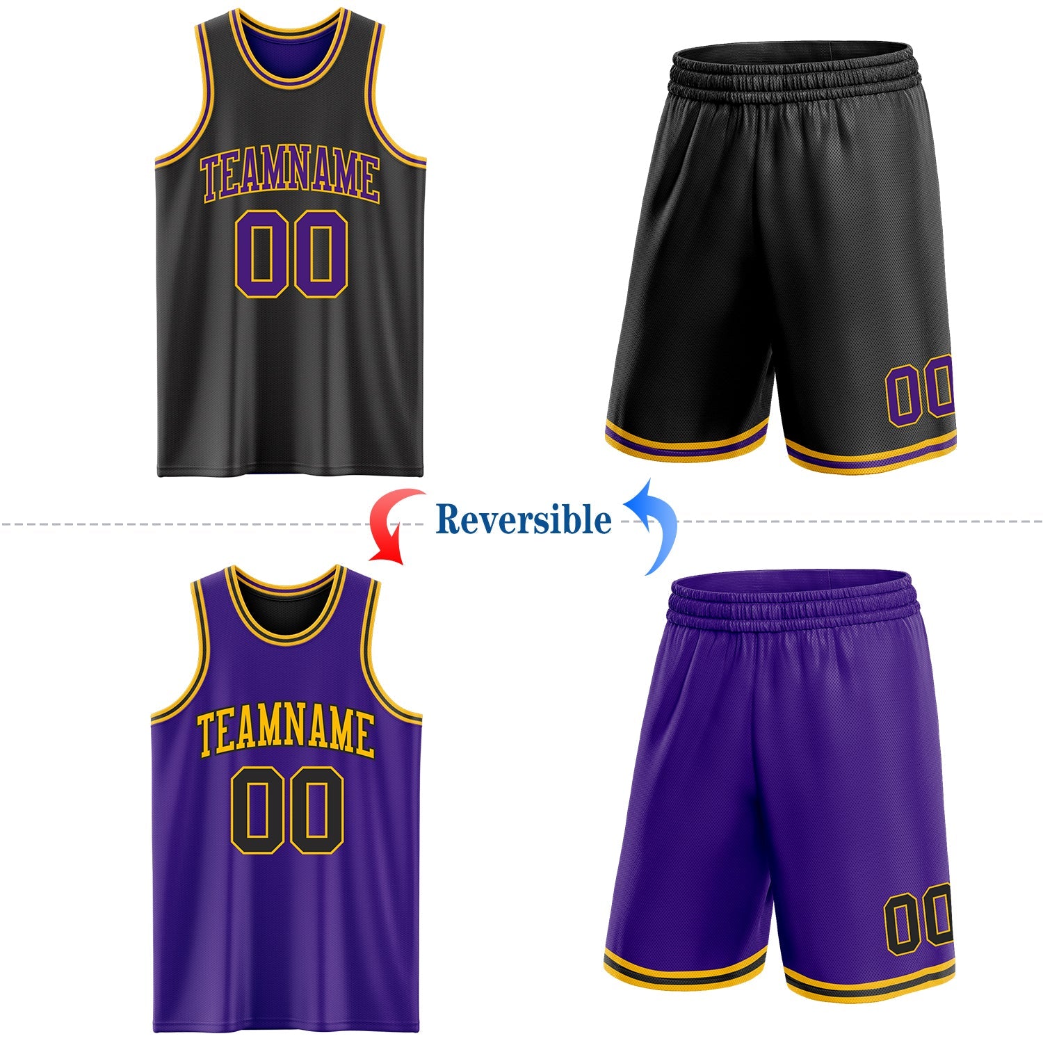 Custom Reversible Black Purple-Gold Double Side Sublimation Basketball Set Jersey view 2
