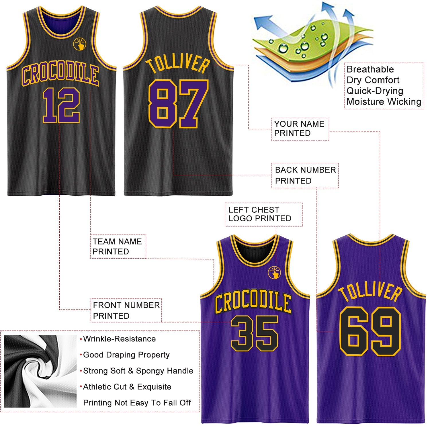 Custom Reversible Black Purple-Gold Double Side Sublimation Basketball Set Jersey view 5