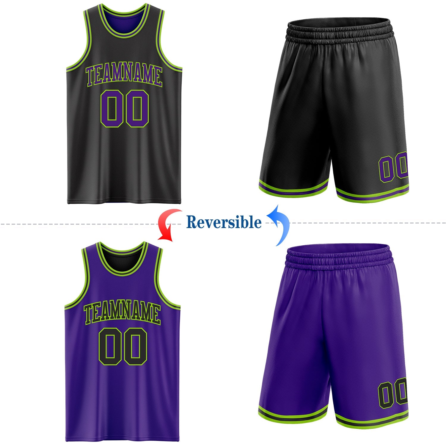 Custom Reversible Black Purple-Neon Green Double Side Sublimation Basketball Set Jersey view 2