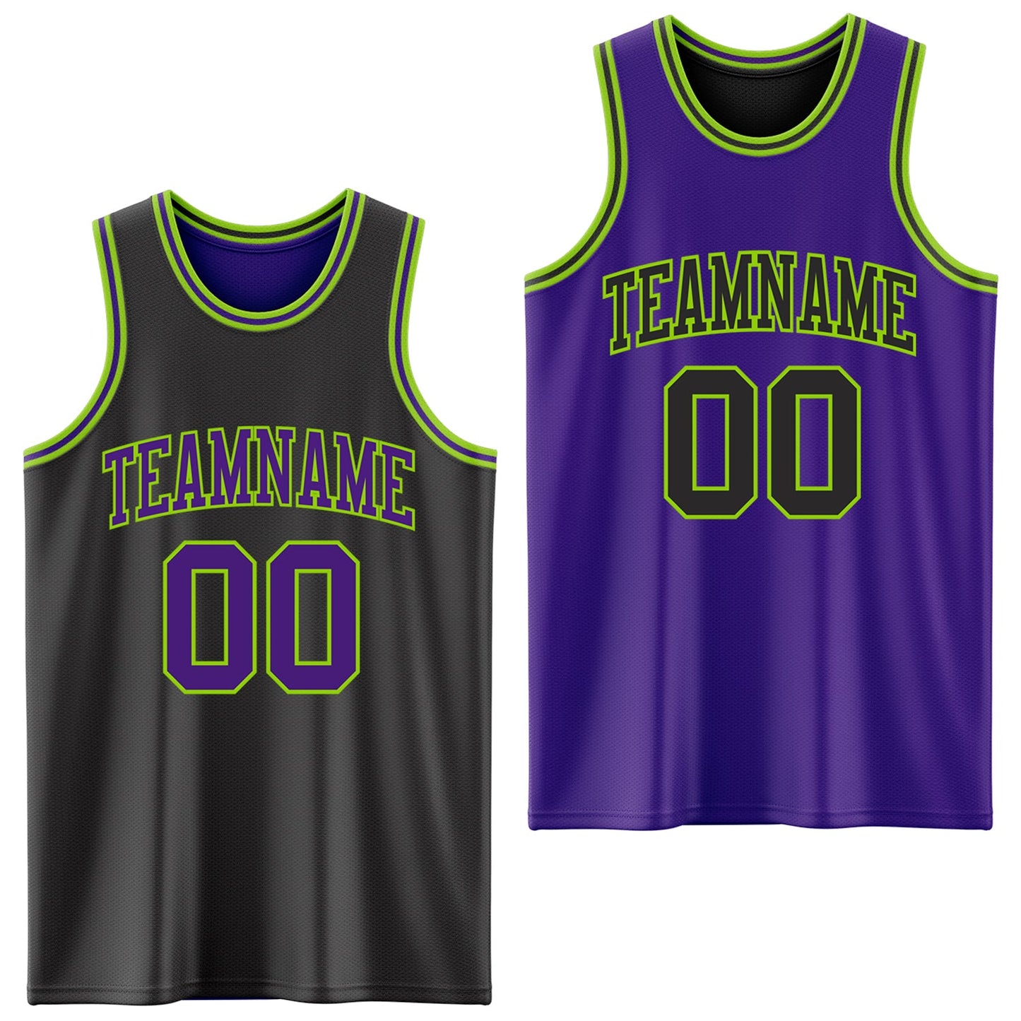 Custom Reversible Black Purple-Neon Green Double Side Sublimation Basketball Set Jersey - Main View
