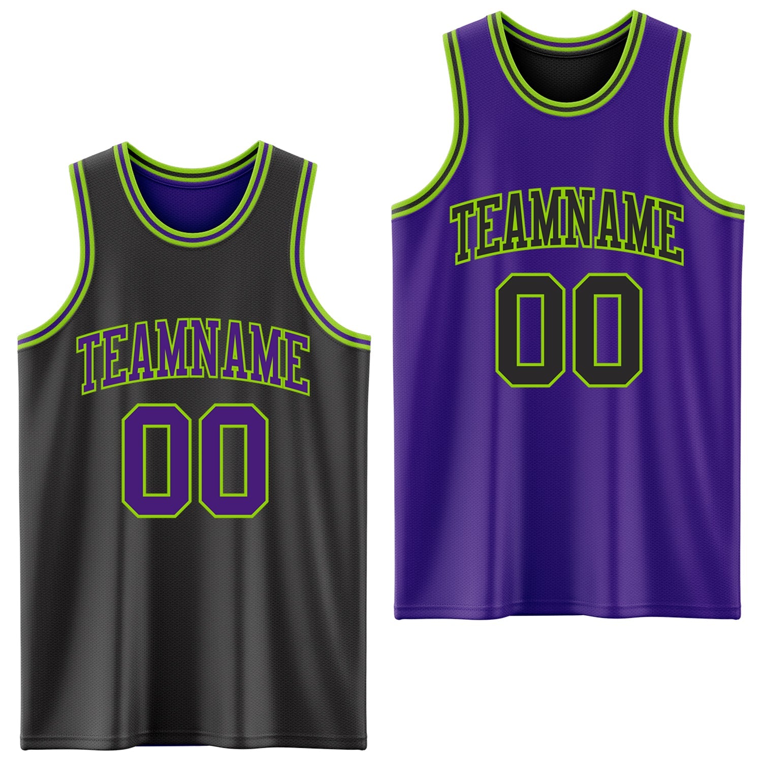 Custom Reversible Black Purple-Neon Green Double Side Sublimation Basketball Set Jersey - Main View