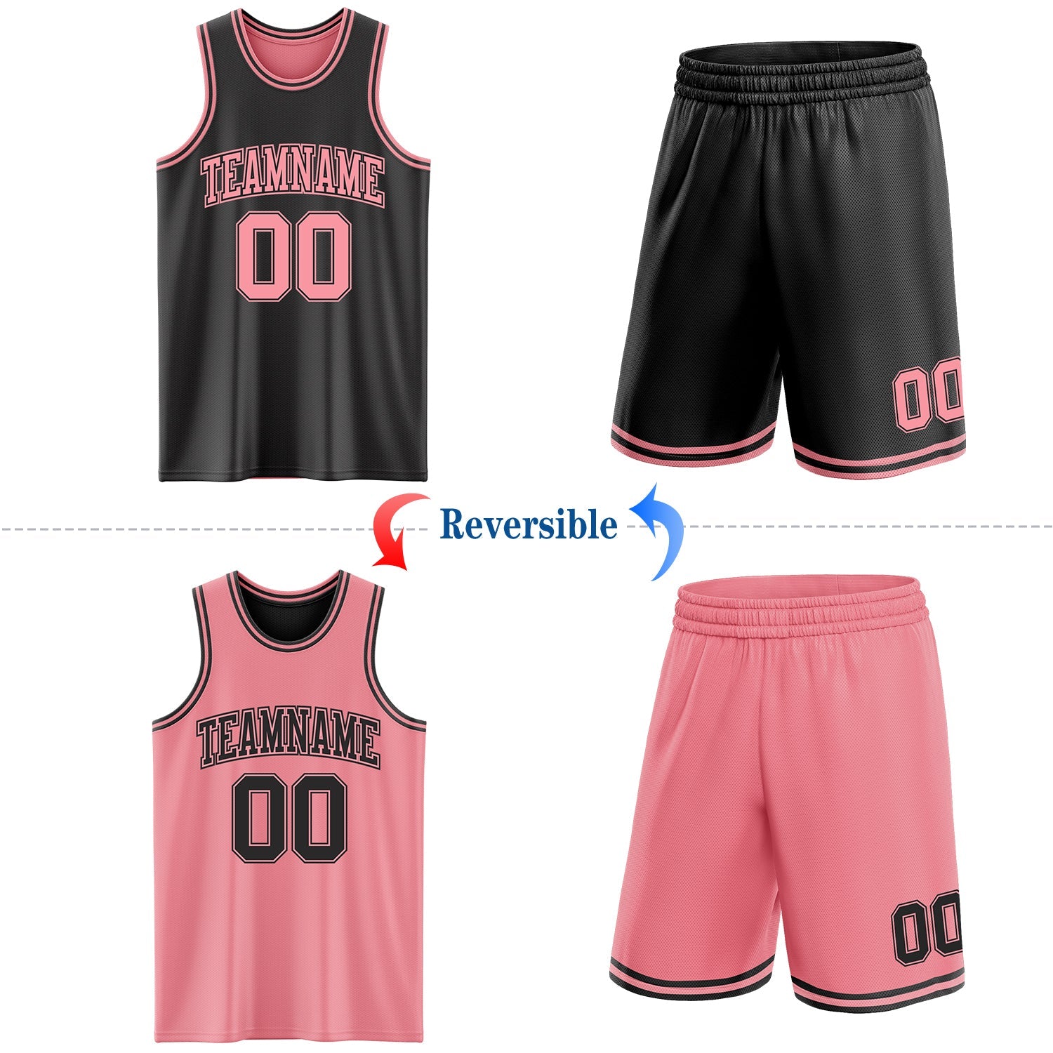 Custom Reversible Black Medium Pink Double Side Sublimation Basketball Set Jersey view 2
