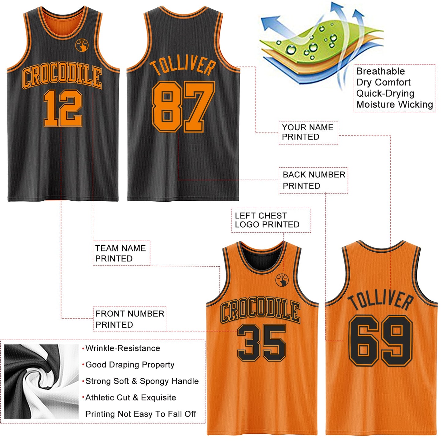 Custom Reversible Black Bay Orange Double Side Sublimation Basketball Set Jersey view 5
