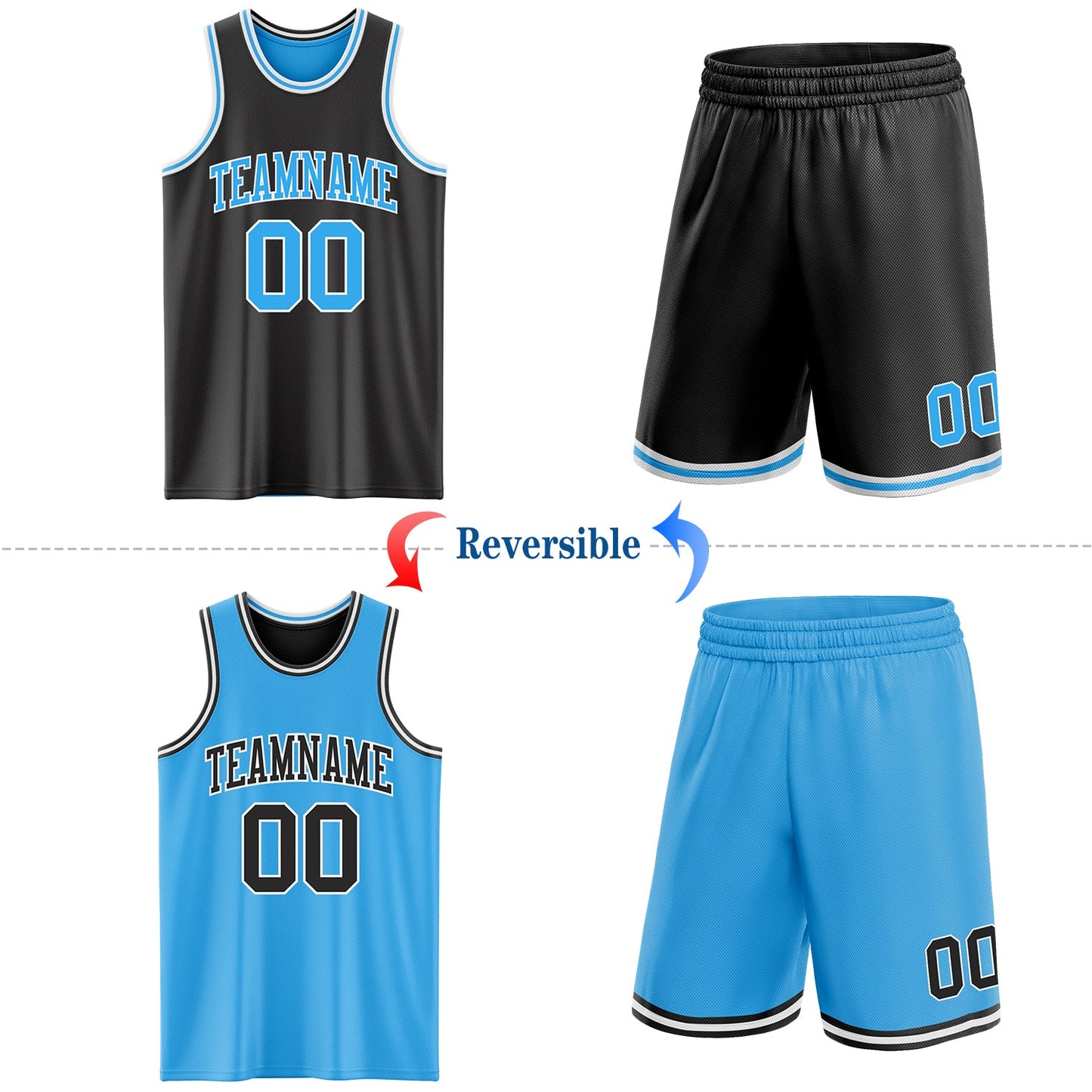 Custom Reversible Black Sky Blue-White Double Side Sublimation Basketball Set Jersey view 2