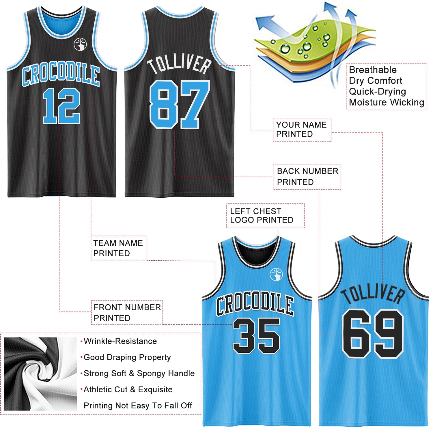 Custom Reversible Black Sky Blue-White Double Side Sublimation Basketball Set Jersey view 5
