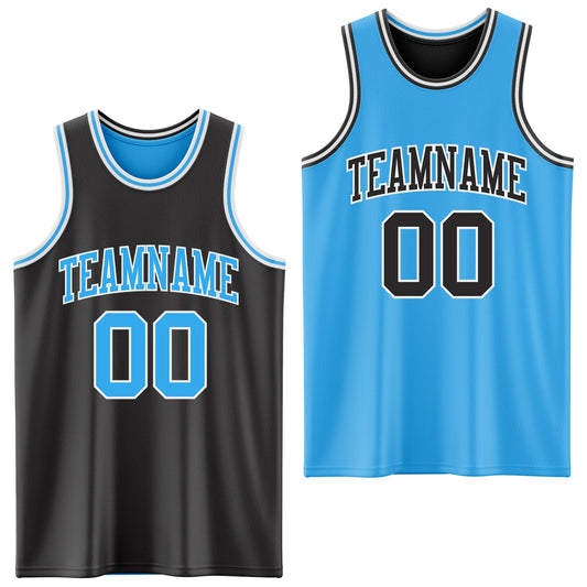 Custom Reversible Black Sky Blue-White Double Side Sublimation Basketball Set Jersey - Main View