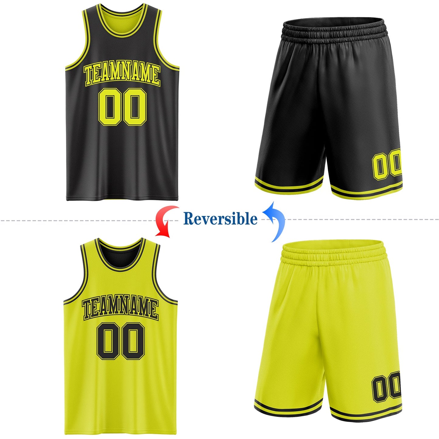 Custom Reversible Black Neon Yellow Double Side Sublimation Basketball Set Jersey view 2