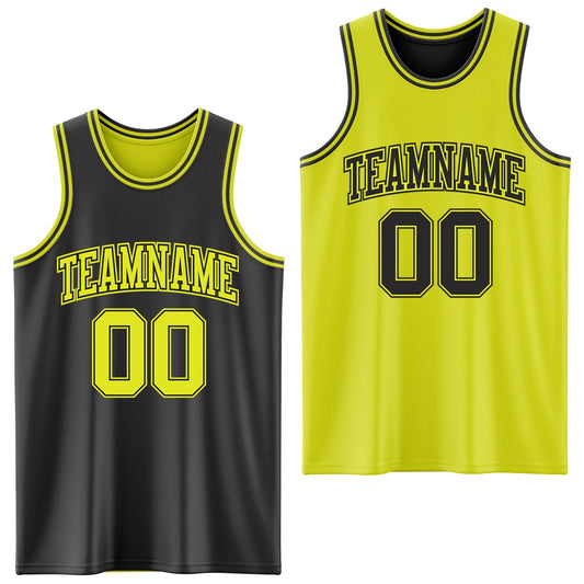 Custom Reversible Black Neon Yellow Double Side Sublimation Basketball Set Jersey - Main View