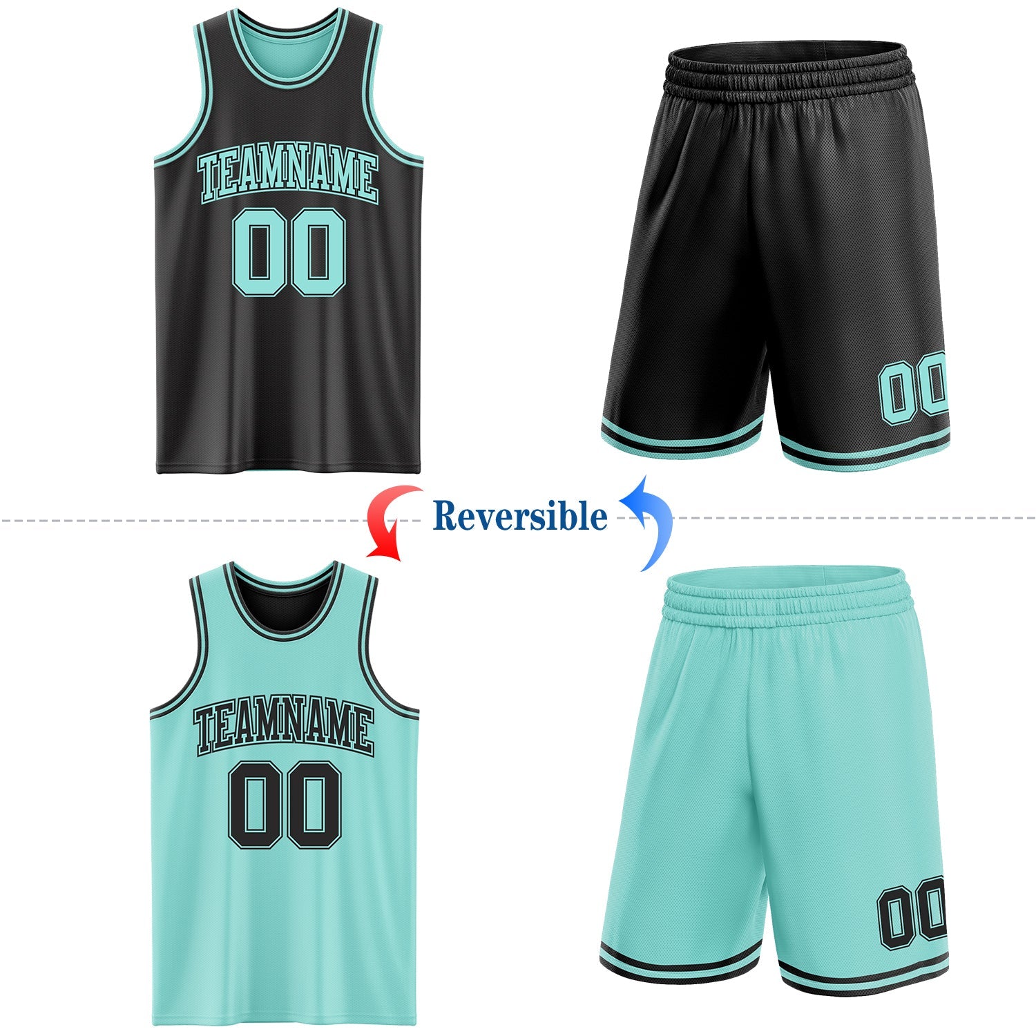 Custom Reversible Black Ice Blue Double Side Sublimation Basketball Set Jersey view 2
