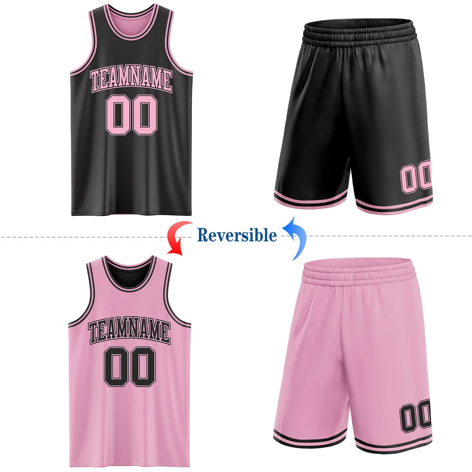 Custom Reversible Black Light Pink Double Side Sublimation Basketball Set Jersey view 2