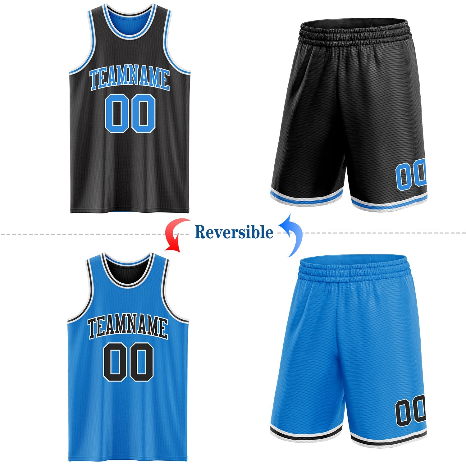 Custom Reversible Black Powder Blue-White Double Side Sublimation Basketball Set Jersey view 2