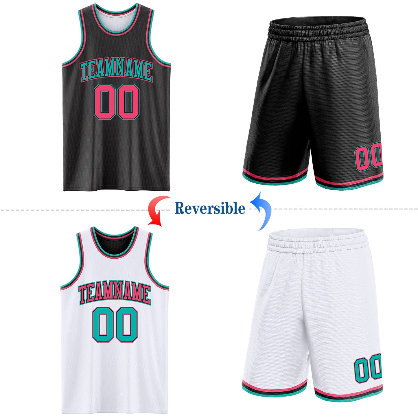 Custom Reversible Black Neon Pink-Aqua Double Side Sublimation Basketball Set Jersey view 2