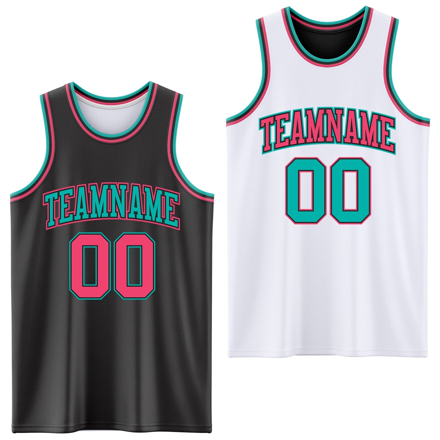 Custom Reversible Black Neon Pink-Aqua Double Side Sublimation Basketball Set Jersey - Main View