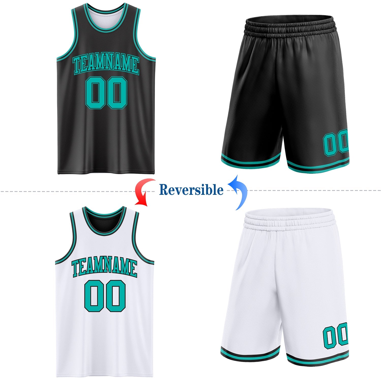 Custom Reversible Black Aqua Double Side Sublimation Basketball Set Jersey view 2