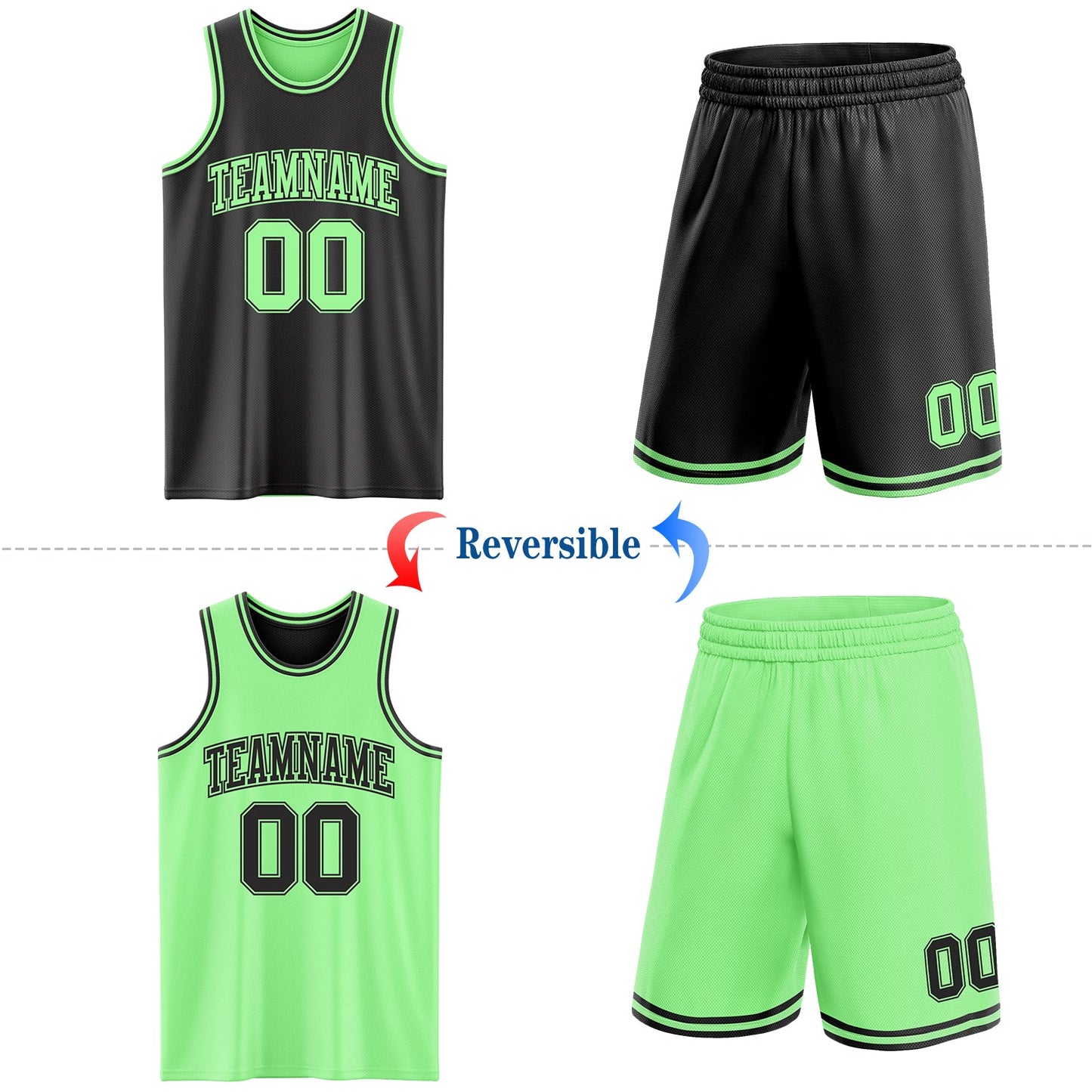 Custom Reversible Black Pea Green Double Side Sublimation Basketball Set Jersey view 2