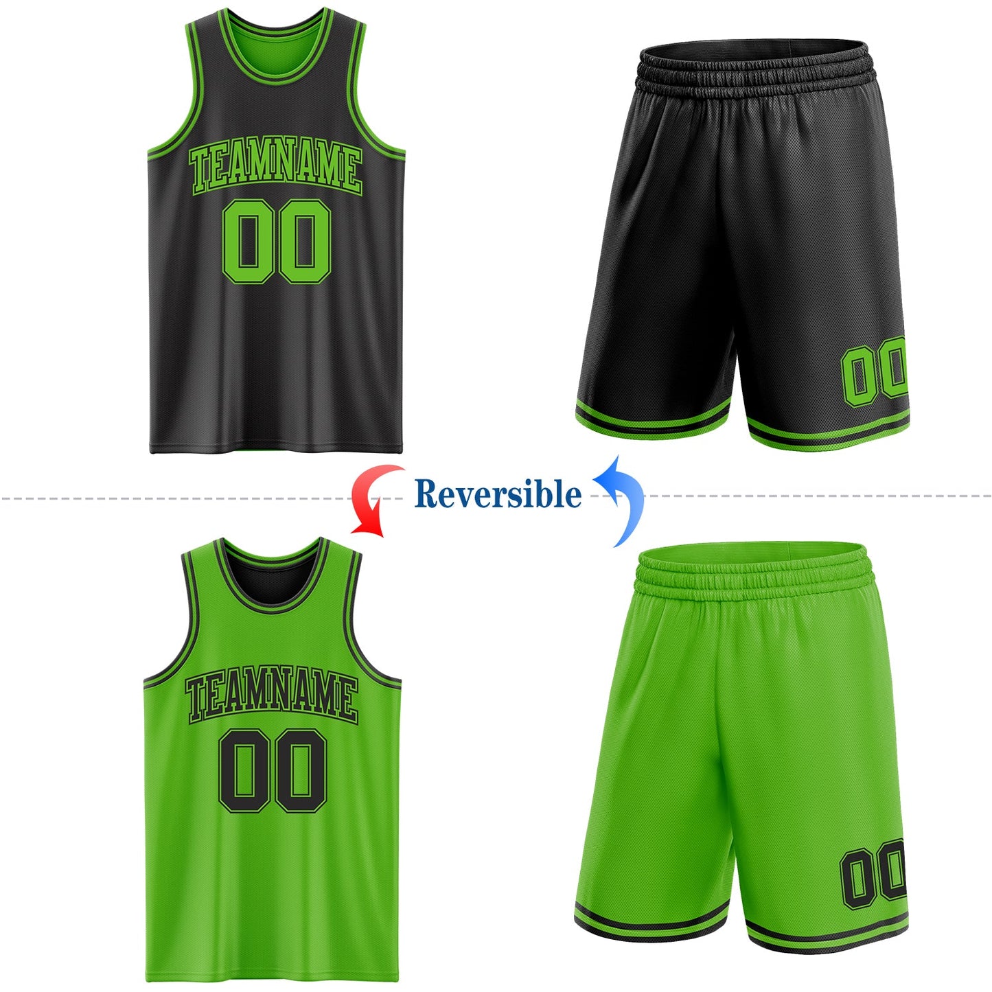 Custom Reversible Black Aurora Green Double Side Sublimation Basketball Set Jersey view 2