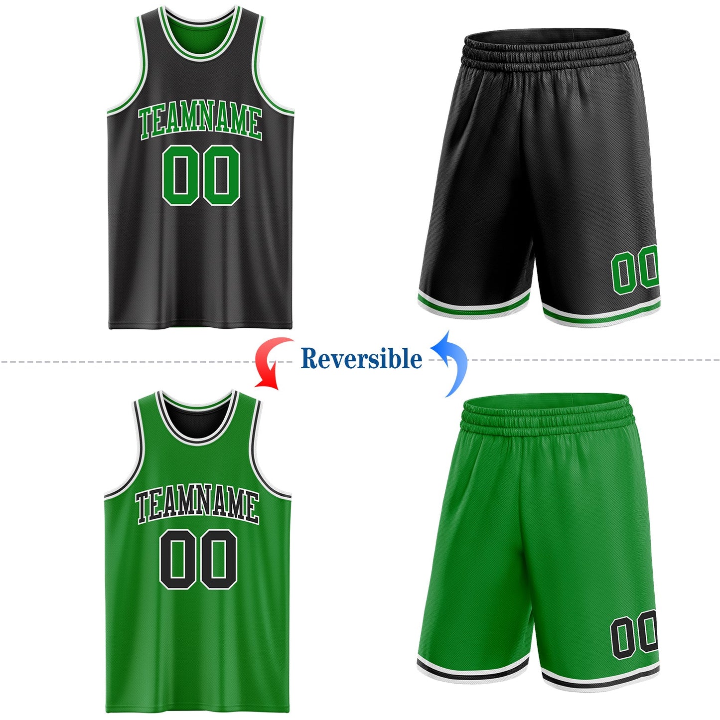 Custom Reversible Black Grass Green-White Double Side Sublimation Basketball Set Jersey view 2