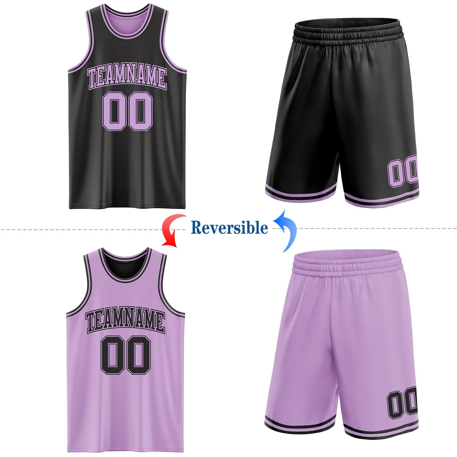 Custom Reversible Black Light Purple Double Side Sublimation Basketball Set Jersey view 2