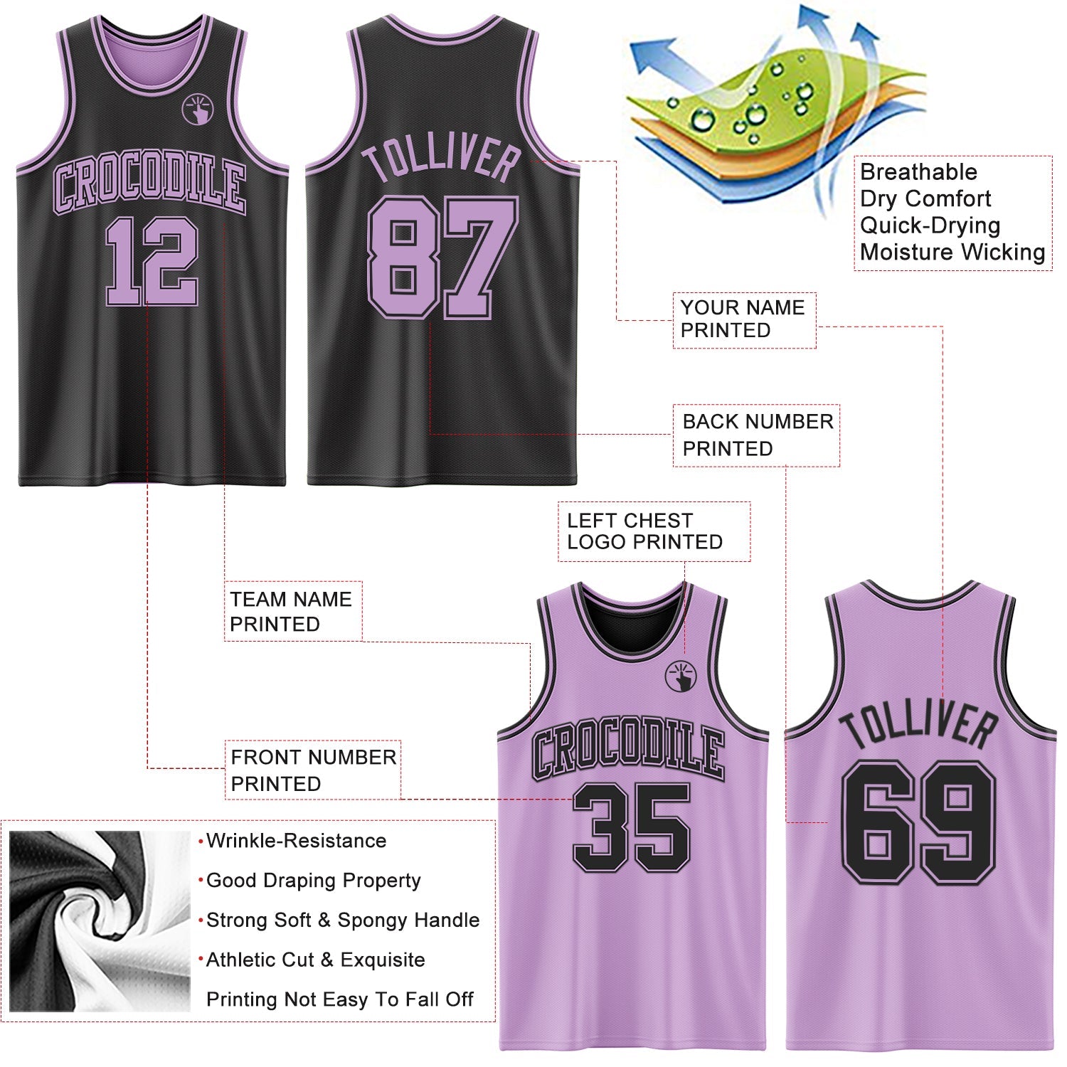 Custom Reversible Black Light Purple Double Side Sublimation Basketball Set Jersey view 5