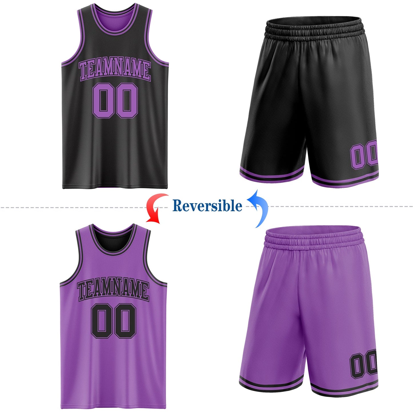 Custom Reversible Black Medium Purple Double Side Sublimation Basketball Set Jersey view 2