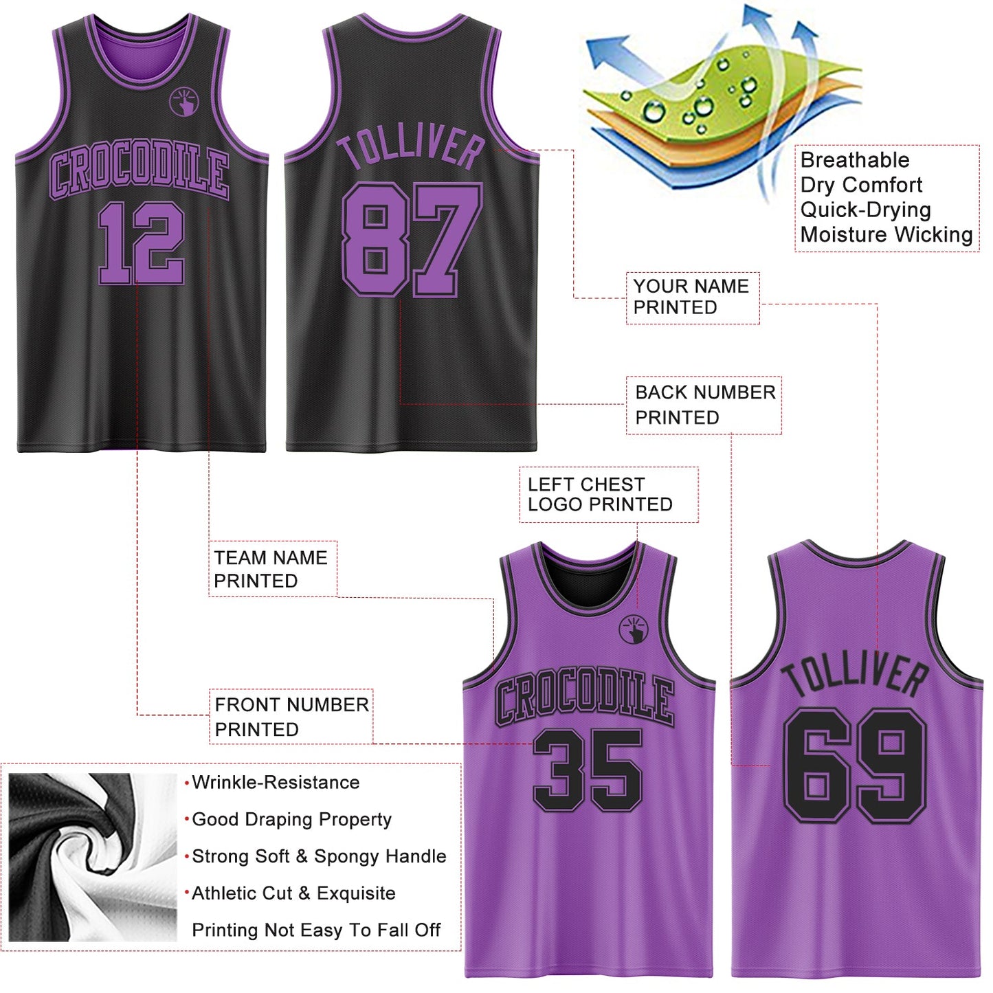 Custom Reversible Black Medium Purple Double Side Sublimation Basketball Set Jersey view 5