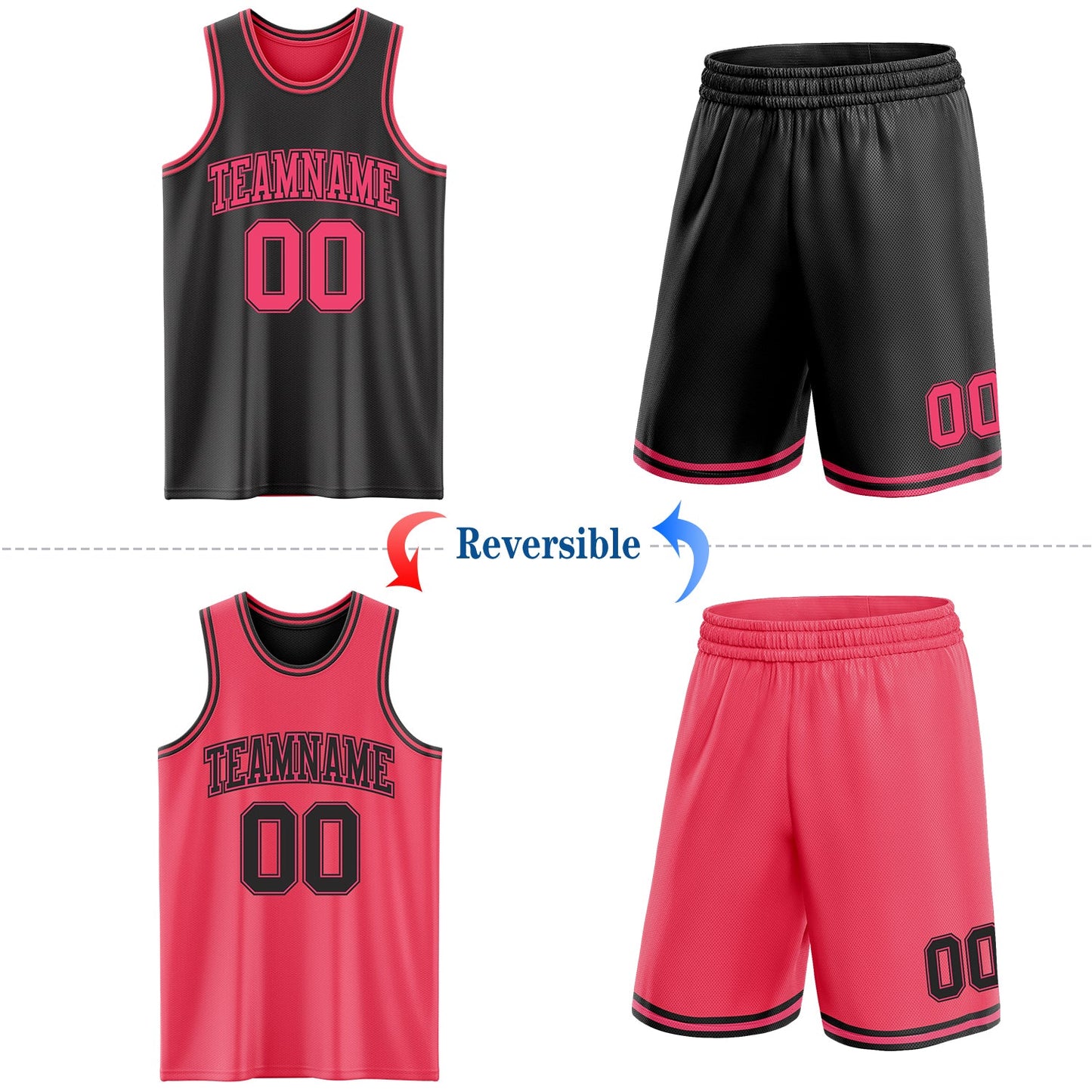 Custom Reversible Black Neon Pink Double Side Sublimation Basketball Set Jersey view 2
