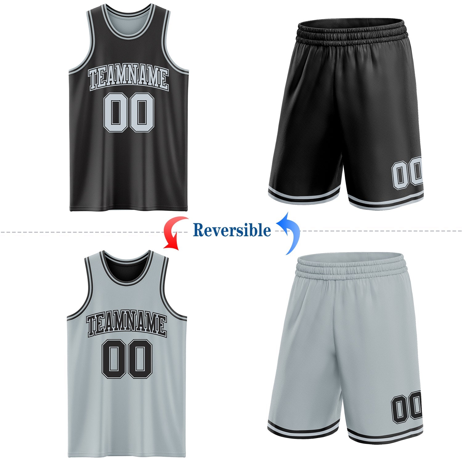 Custom Reversible Black Silver Double Side Sublimation Basketball Set Jersey view 2