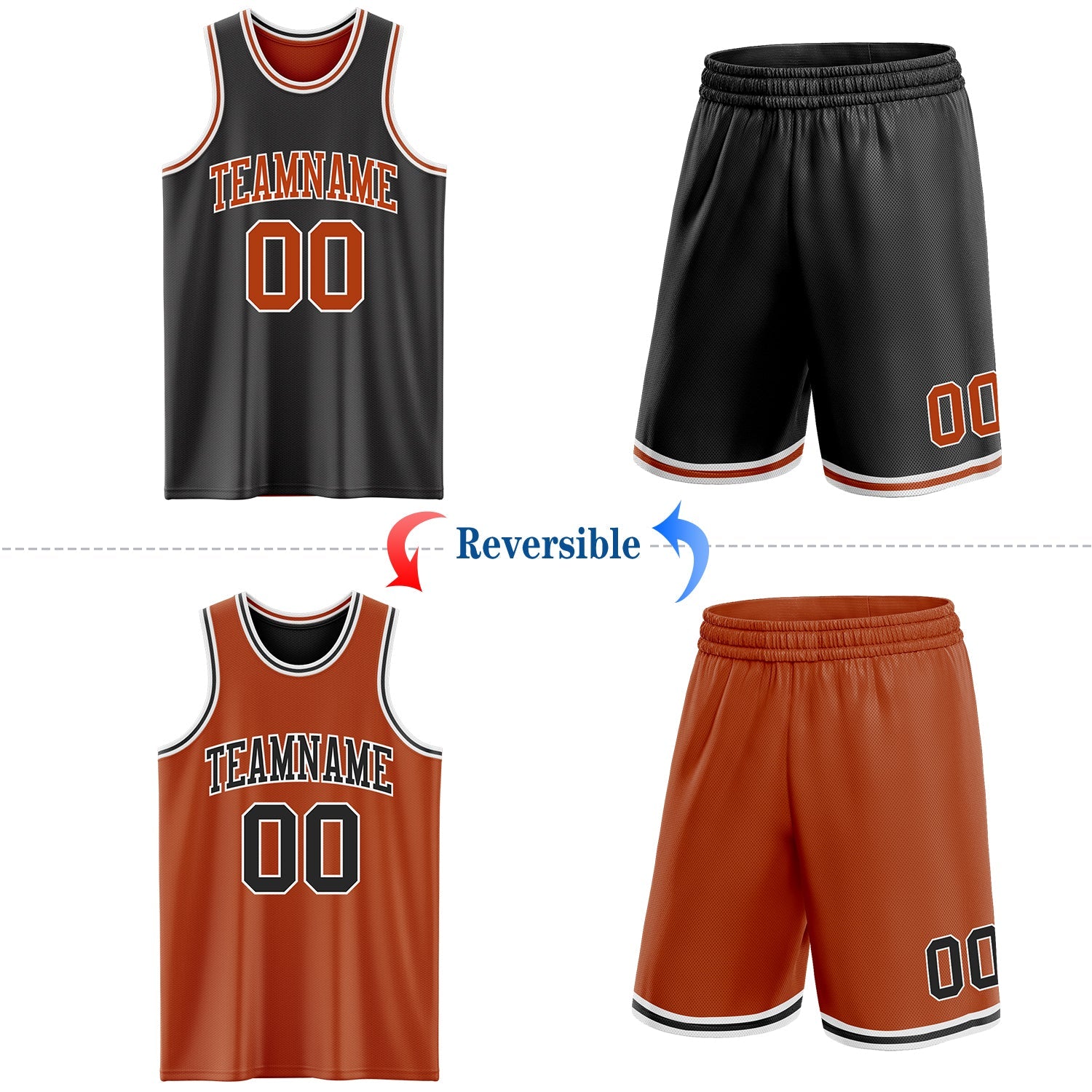 Custom Reversible Black Texas Orange-White Double Side Sublimation Basketball Set Jersey view 2