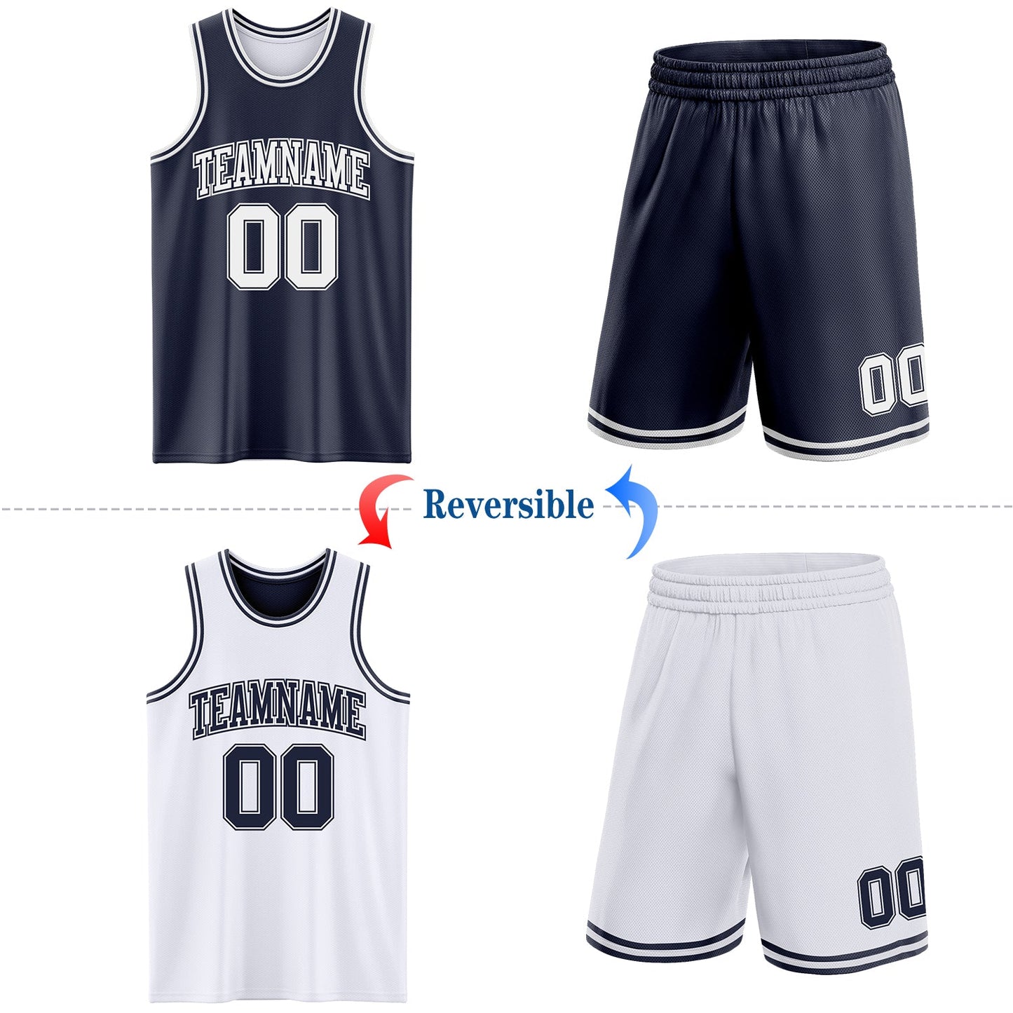 Custom Navy White Reversible Double Side Sublimation Basketball Set Jersey view 2