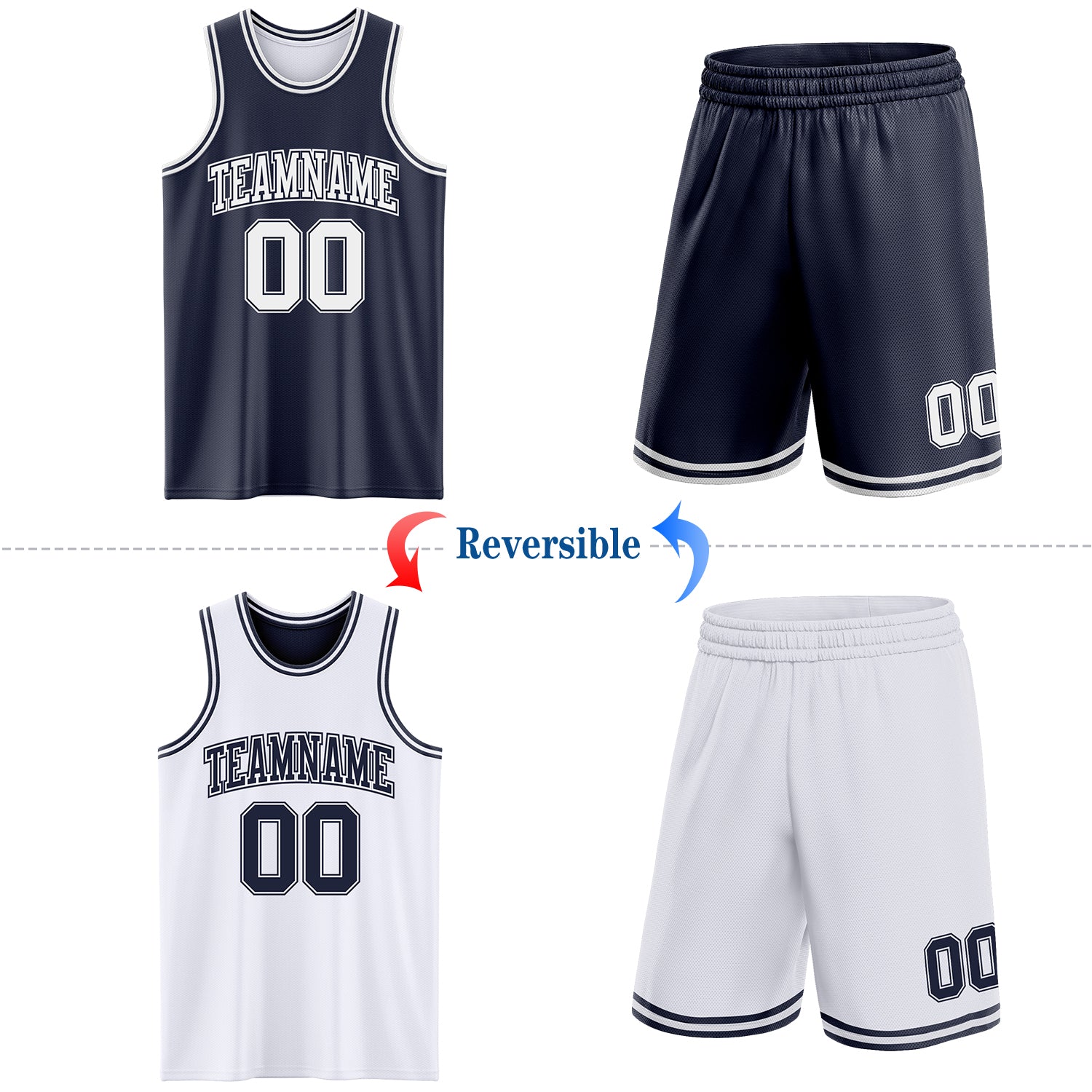 Custom Navy White Reversible Double Side Sublimation Basketball Set Jersey view 2