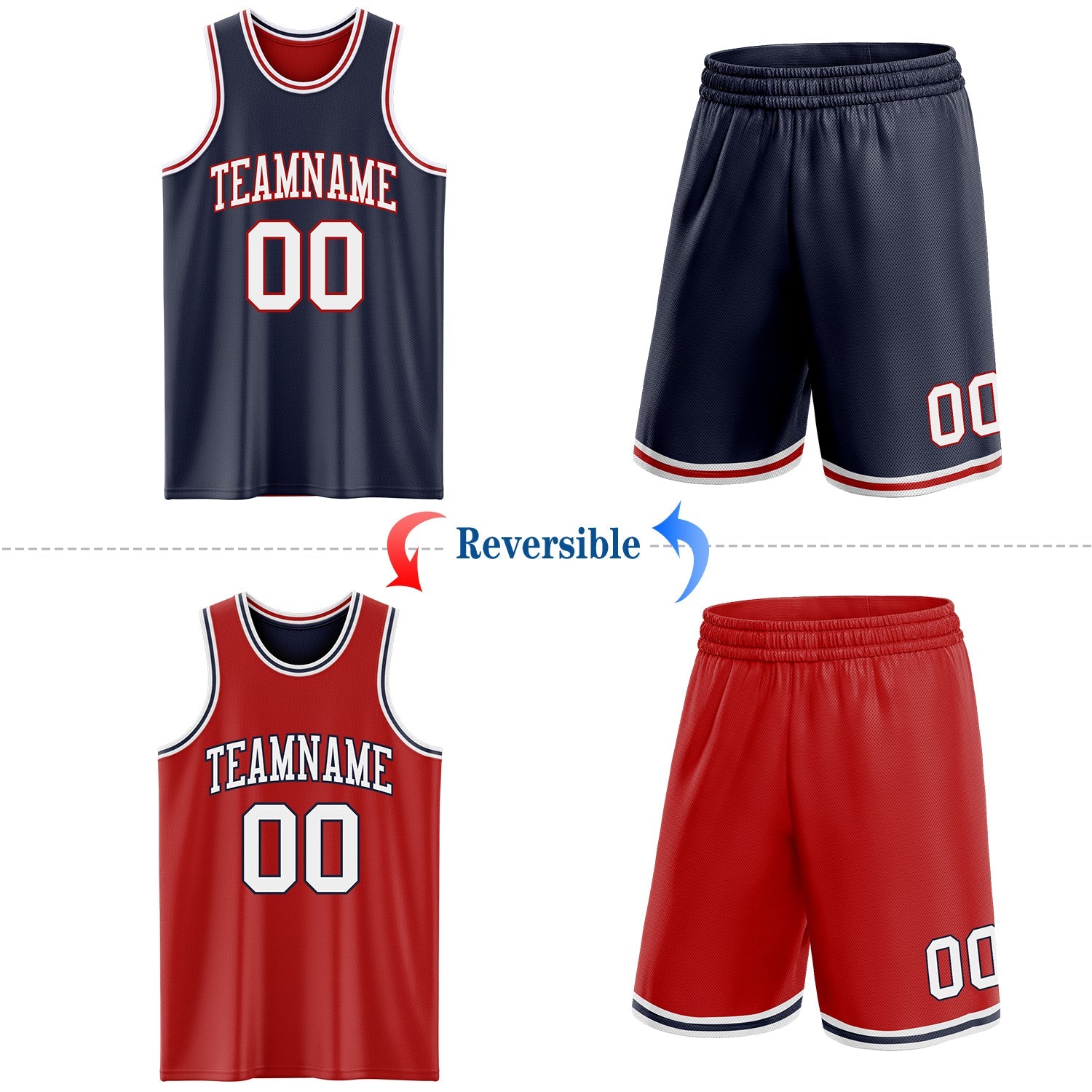 Custom Navy White-Red Reversible Double Side Sublimation Basketball Set Jersey view 2