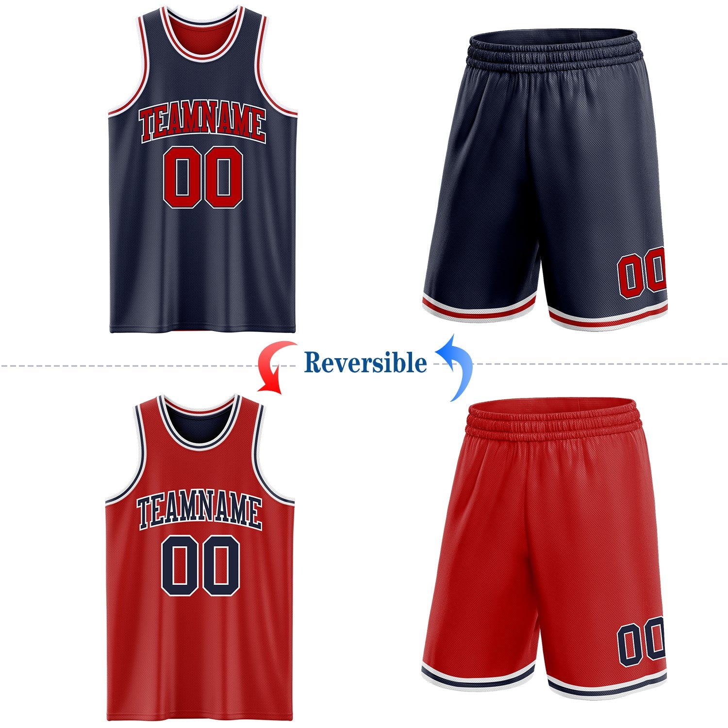 Custom Navy Red-White Reversible Double Side Sublimation Basketball Set Jersey view 2