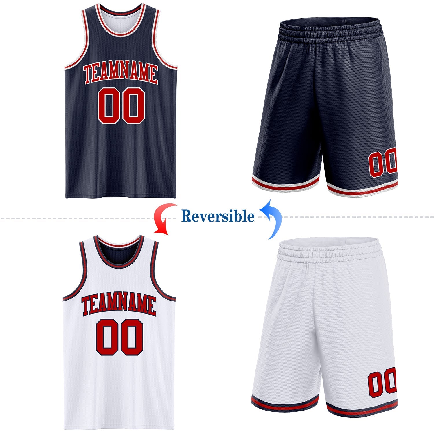 Custom Navy Red-White Reversible Double Side Sublimation Basketball Set Jersey view 2