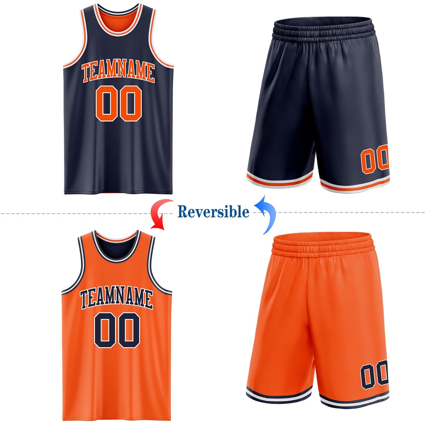 Custom Navy Orange-White Reversible Double Side Sublimation Basketball Set Jersey view 2