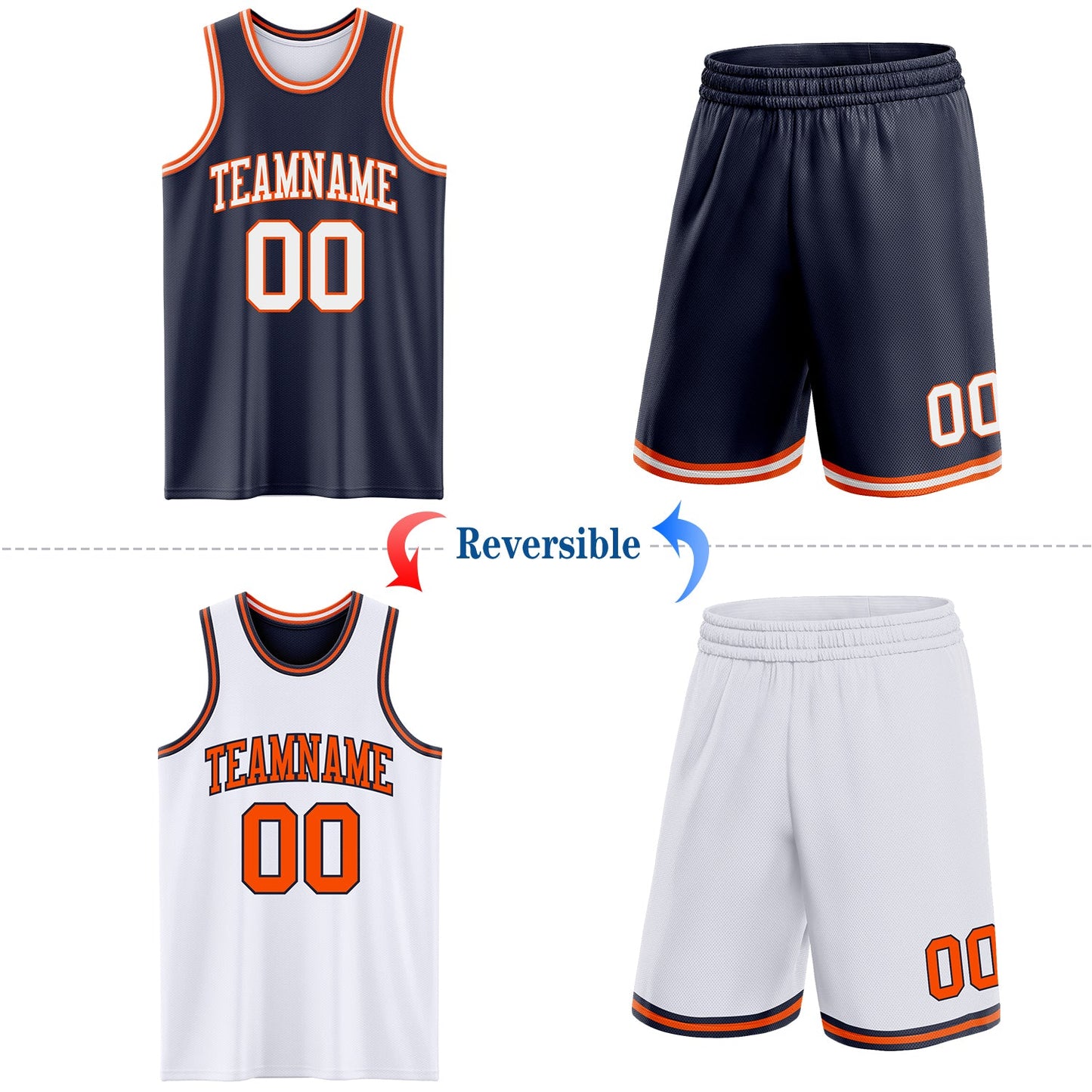 Custom Navy White-Orange Reversible Double Side Sublimation Basketball Set Jersey view 2
