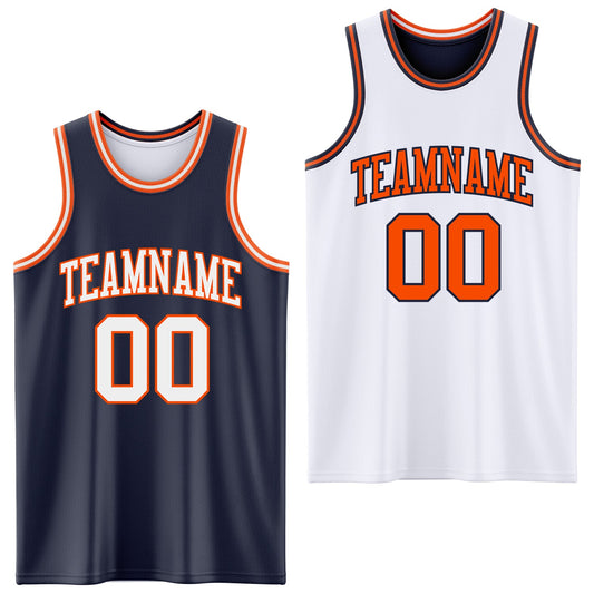 Custom Navy White-Orange Reversible Double Side Sublimation Basketball Set Jersey - Main View