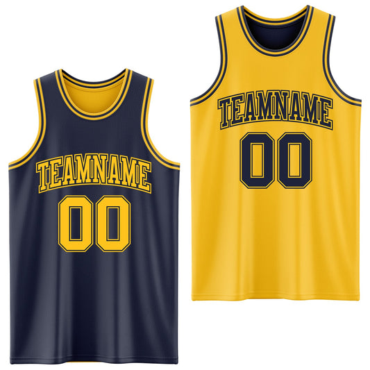 Custom Navy Gold Reversible Double Side Sublimation Basketball Set Jersey - Main View