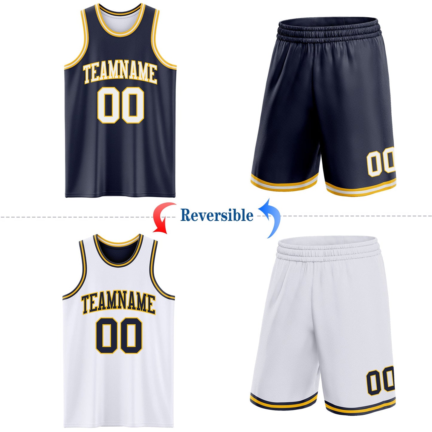 Custom Navy White-Gold Reversible Double Side Sublimation Basketball Set Jersey view 2
