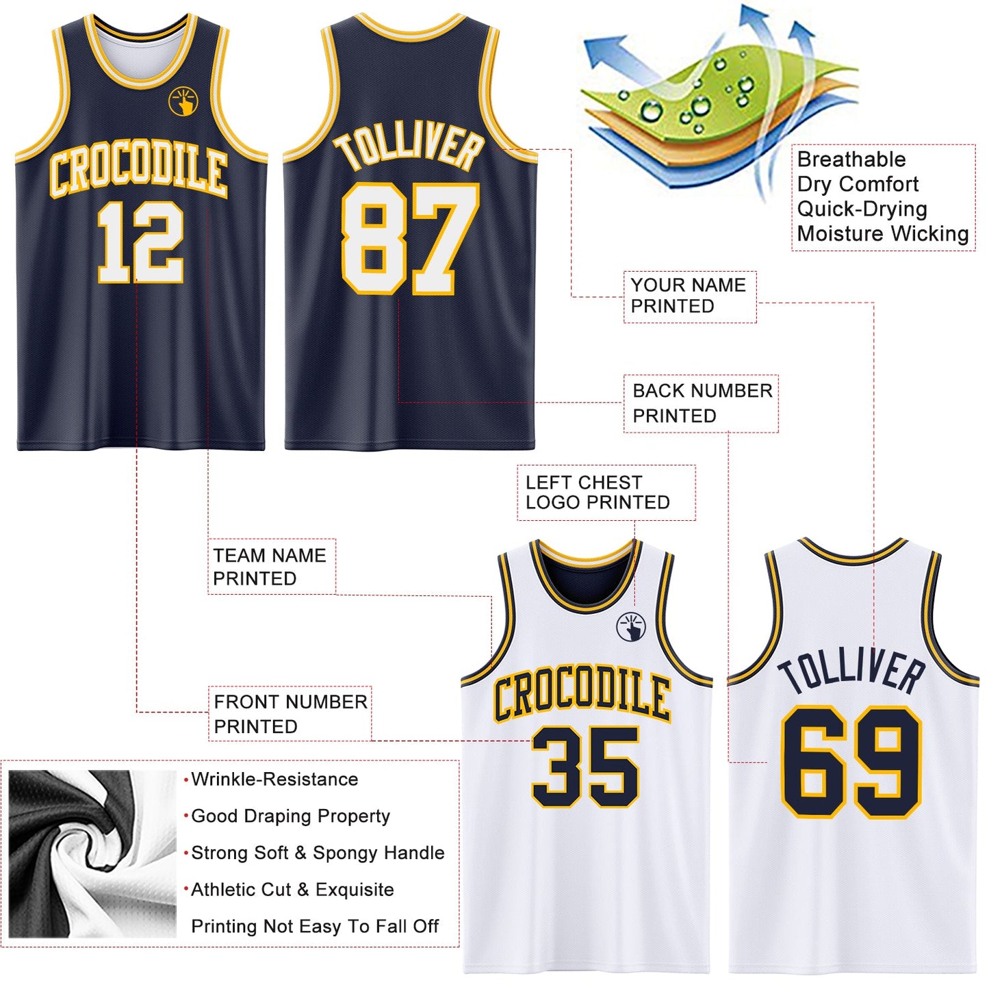 Custom Navy White-Gold Reversible Double Side Sublimation Basketball Set Jersey view 5