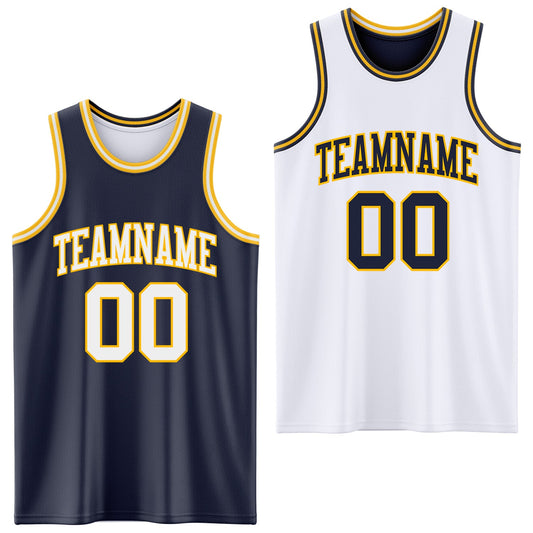 Custom Navy White-Gold Reversible Double Side Sublimation Basketball Set Jersey - Main View