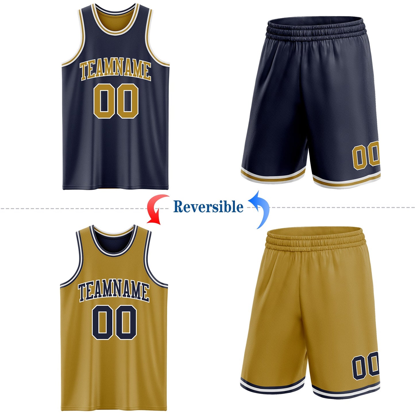 Custom Navy Old Gold-White Reversible Double Side Sublimation Basketball Set Jersey view 2