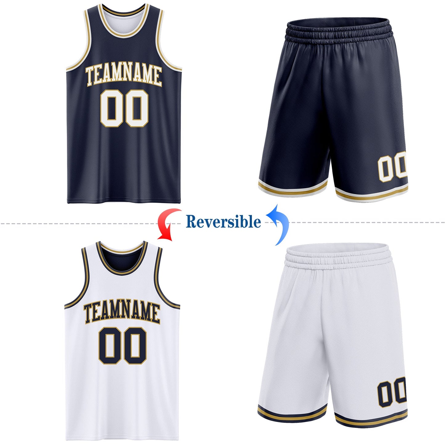 Custom Navy White-Old Gold Reversible Double Side Sublimation Basketball Set Jersey view 2
