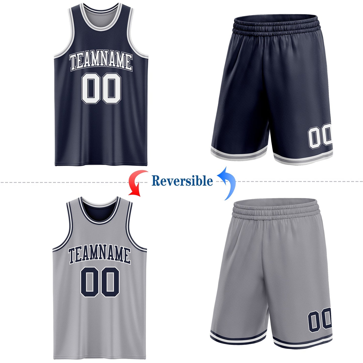 Custom Navy White-Gray Reversible Double Side Sublimation Basketball Set Jersey view 2