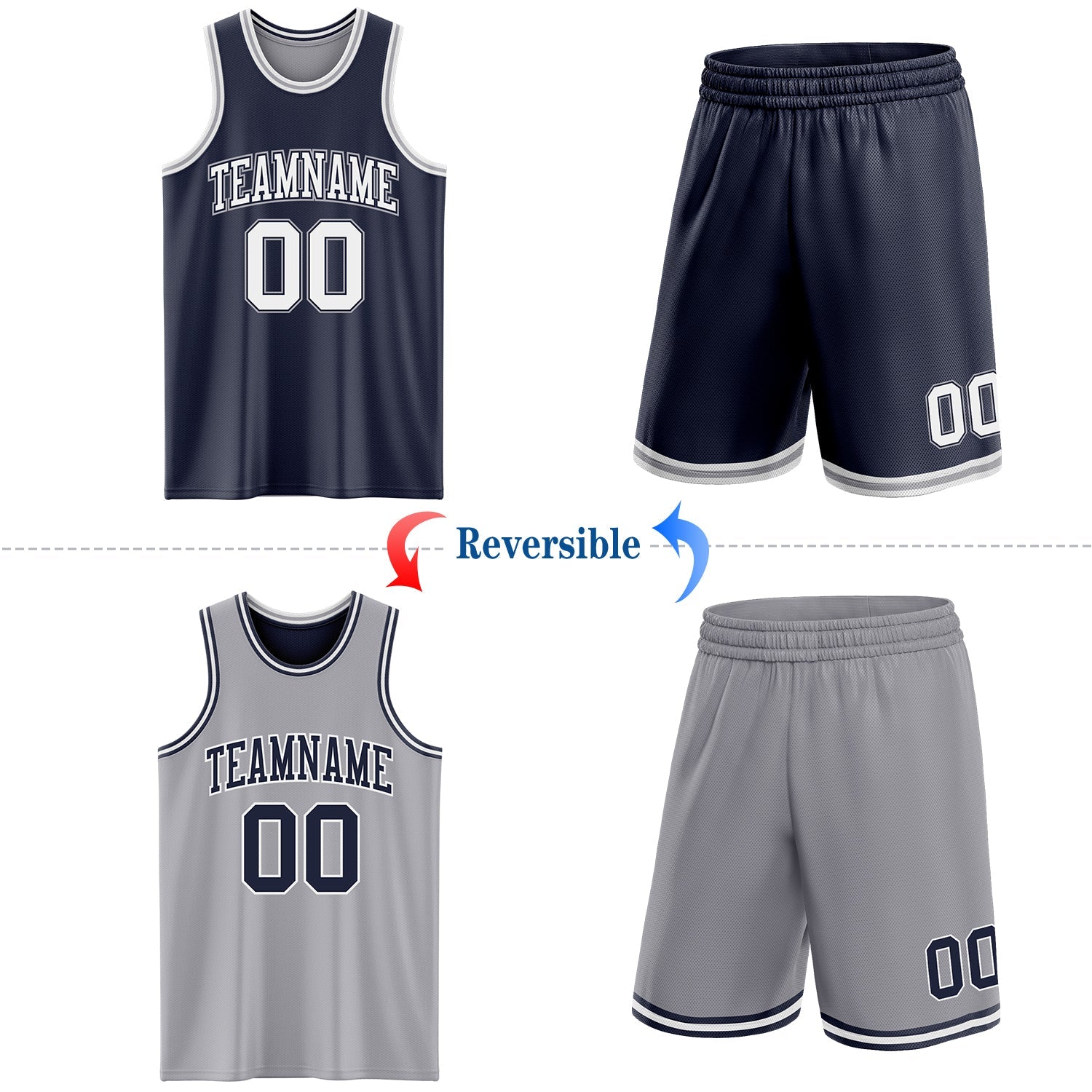 Custom Navy White-Gray Reversible Double Side Sublimation Basketball Set Jersey view 2