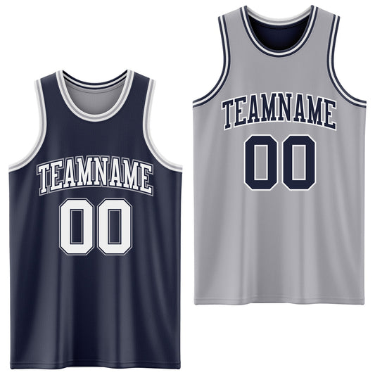 Custom Navy White-Gray Reversible Double Side Sublimation Basketball Set Jersey - Main View
